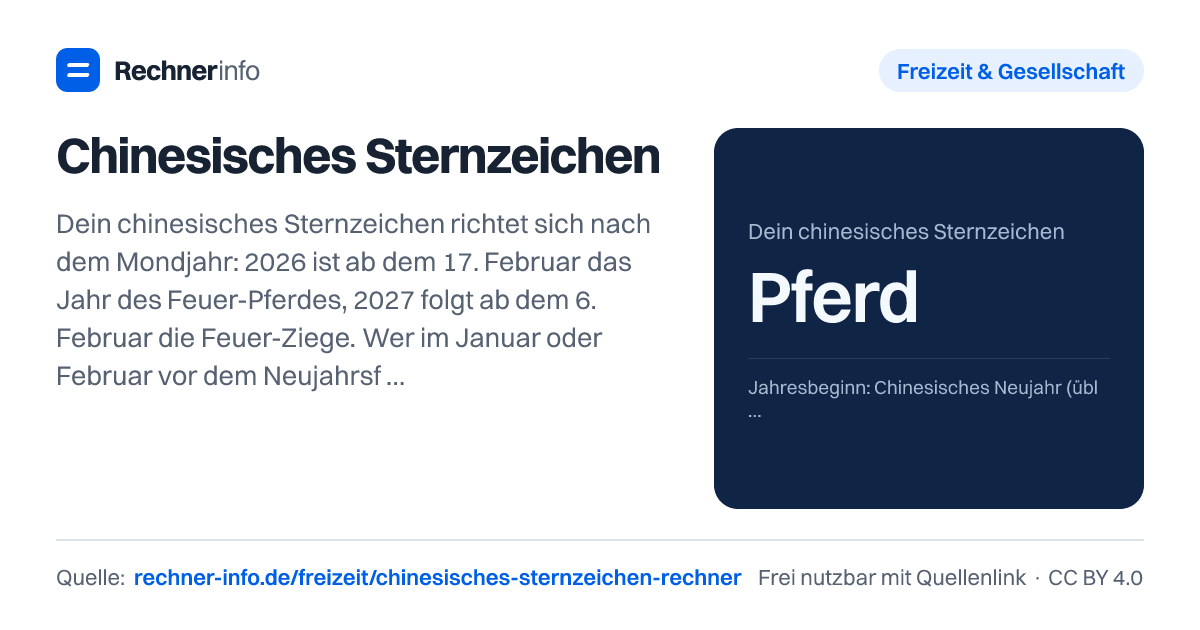Chinesisches Sternzeichen: Dein chinesisches Sternzeichen richtet sich nach dem Mondjahr: 2026 ist ab dem 17. Februar das Jahr des Feuer-Pferdes, 2027 folgt ab dem 6. Februar die Feuer-Ziege. Wer im Januar oder Februar vor dem Neujahrsfest geboren ist, gehört noch zum Tier des Vorjahres - so ist ein Kind vom 10.02.2026 eine Holz-Schlange.