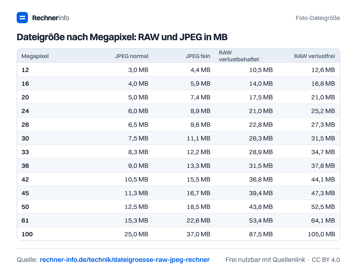 Dateigröße nach Megapixel: RAW und JPEG in MB (Tabelle)