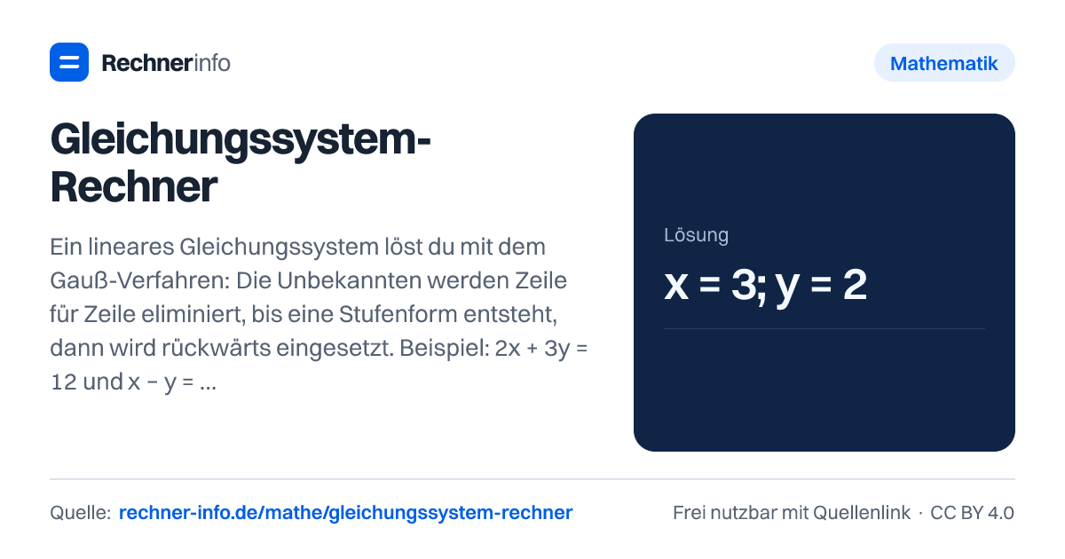 Gleichungssystem-Rechner: Ein lineares Gleichungssystem löst du mit dem Gauß-Verfahren: Die Unbekannten werden Zeile für Zeile eliminiert, bis eine Stufenform entsteht, dann wird rückwärts eingesetzt. Beispiel: 2x + 3y = 12 und x − y = 1 ergeben x = 3 und y = 2. Ist die Determinante 0, gibt es keine oder unendlich viele Lösungen.