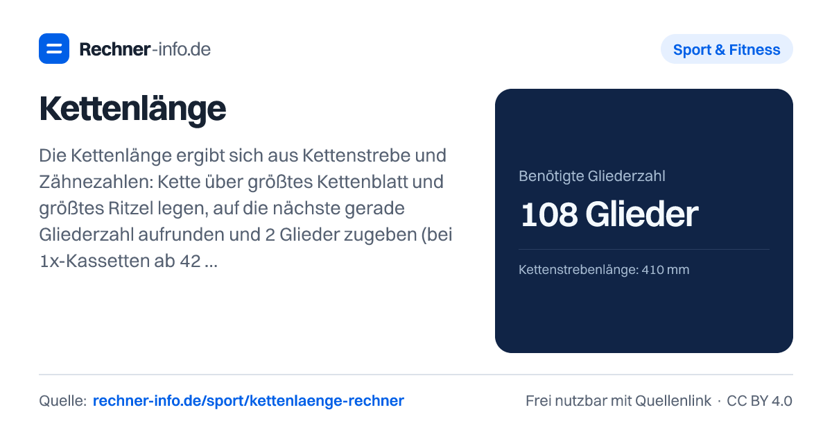 Kettenlänge: Die Kettenlänge ergibt sich aus Kettenstrebe und Zähnezahlen: Kette über größtes Kettenblatt und größtes Ritzel legen, auf die nächste gerade Gliederzahl aufrunden und 2 Glieder zugeben (bei 1x-Kassetten ab 42 Zähnen 4). Ein Rennrad mit 50/34, 11-32 und 410 mm Kettenstrebe braucht 108 Glieder.