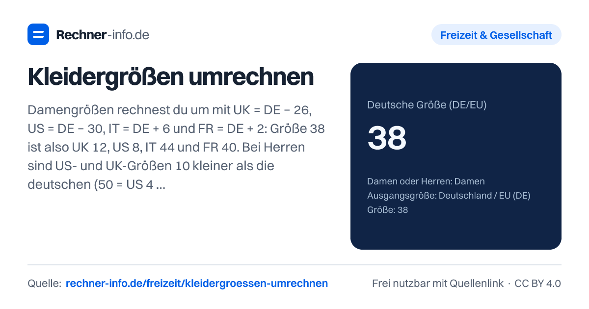 Kleidergrößen umrechnen: Damengrößen rechnest du um mit UK = DE − 26, US = DE − 30, IT = DE + 6 und FR = DE + 2: Größe 38 ist also UK 12, US 8, IT 44 und FR 40. Bei Herren sind US- und UK-Größen 10 kleiner als die deutschen (50 = US 40), italienische und französische Anzuggrößen gleich.