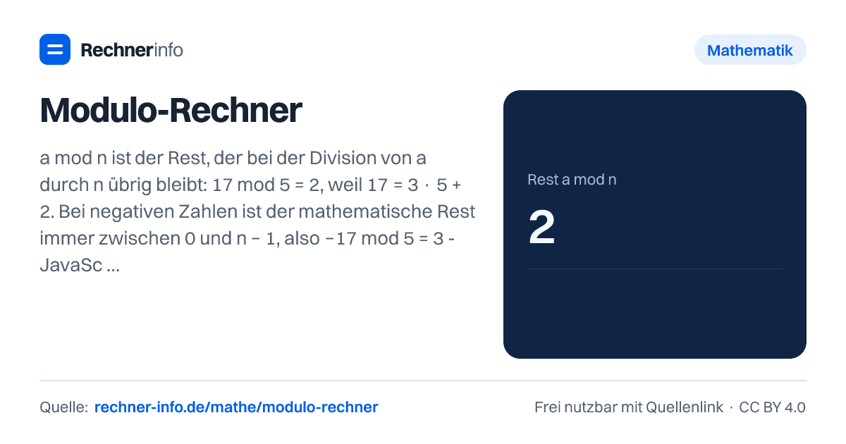 Modulo-Rechner: a mod n ist der Rest, der bei der Division von a durch n übrig bleibt: 17 mod 5 = 2, weil 17 = 3 · 5 + 2. Bei negativen Zahlen ist der mathematische Rest immer zwischen 0 und n − 1, also −17 mod 5 = 3 - JavaScript, Java und C liefern dagegen −2.