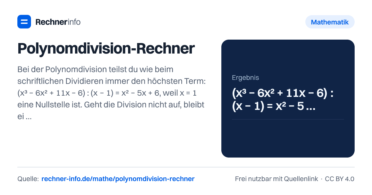 Polynomdivision-Rechner: Bei der Polynomdivision teilst du wie beim schriftlichen Dividieren immer den höchsten Term: (x³ − 6x² + 11x − 6) : (x − 1) = x² − 5x + 6, weil x = 1 eine Nullstelle ist. Geht die Division nicht auf, bleibt ein Rest: x² : (x + 1) = x − 1 + 1/(x + 1).