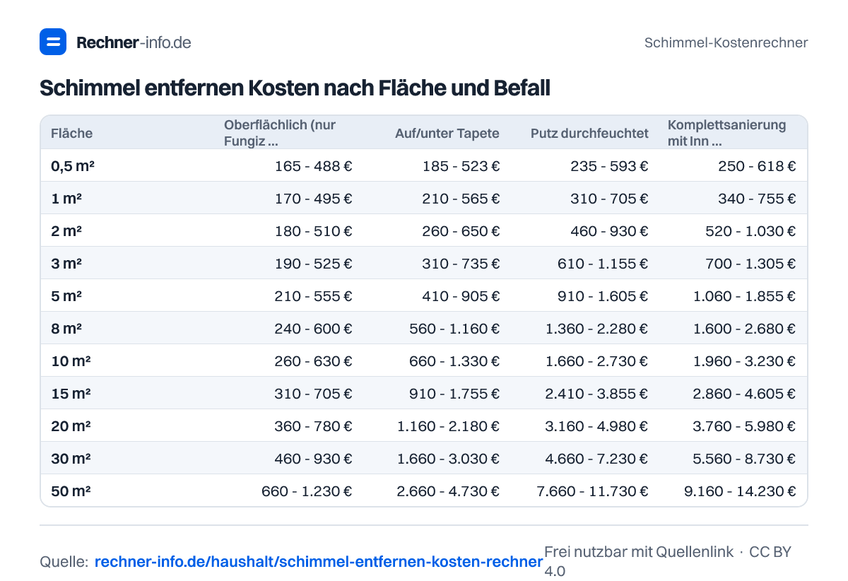 Schimmel entfernen Kosten nach Fläche und Befall (Tabelle)