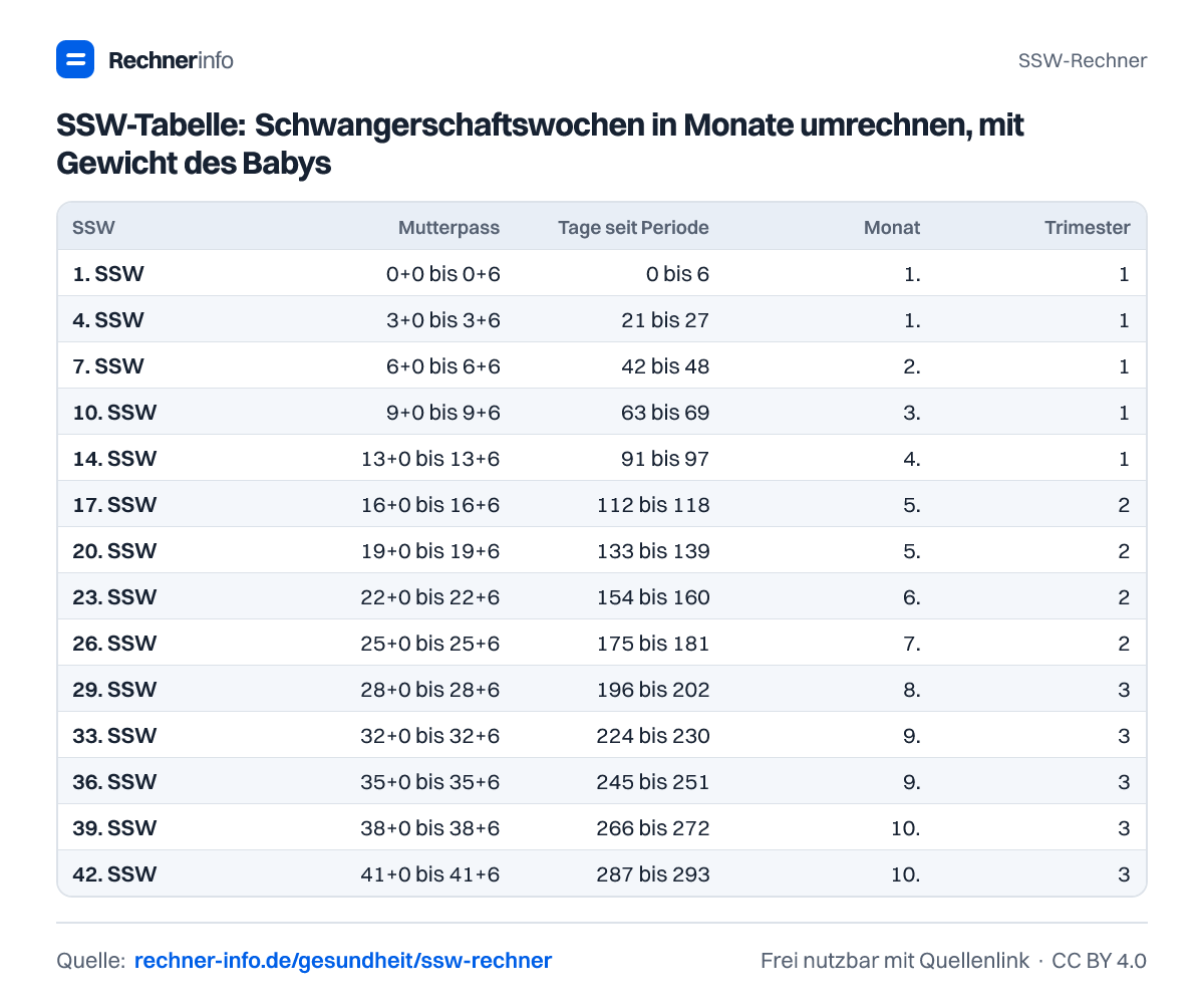 SSW-Tabelle: Schwangerschaftswochen in Monate umrechnen, mit Gewicht des Babys (Tabelle)